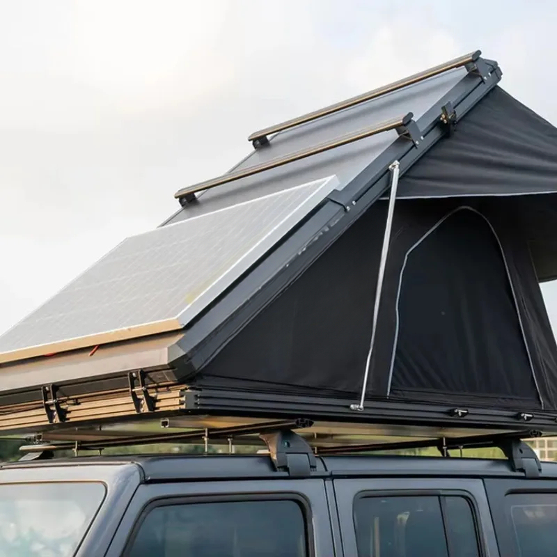 Outdoor Camping House - 高品質3-4人用三角形アルミハードシェルルーフトップテント（ソーラーパネル付き）アウトドアキャンプ用品