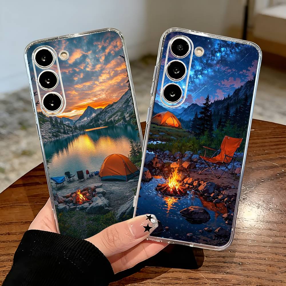 Outdoor Camping Anime - 山と自然をテーマにしたアウトドアキャンプ用スマートフォンケース。Samsung S25、S24、S21、S22、S23、S30、Ultra、S20、Plus、Fe、Liteに対応。透明カバー。