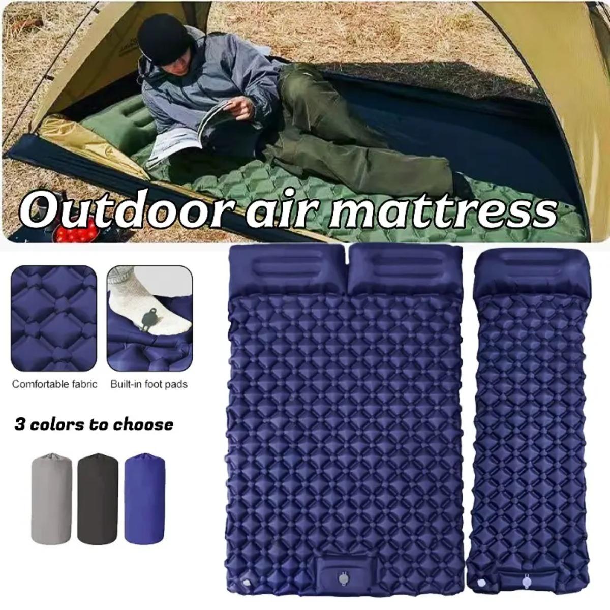 Outdoor Camping Rugs - シングル＆ダブルインフレータブルエアマットレス、折りたたみ式キャンプ用スリーピングパッド（枕付き）、防湿、防水、軽量アウトドアスリーピングマット、キャンプ、旅行、ハイキングに最適